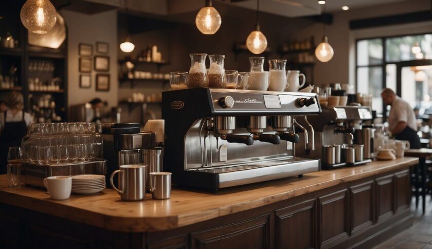 Coffee shop counter with an espresso machine, glassware and pendant lights