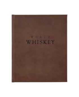 Brown leather-bound book cover embossed with the title World Whiskey