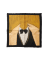 Ochre silk pocket square printed with a dinner jacket, bow tie and stud front shirt