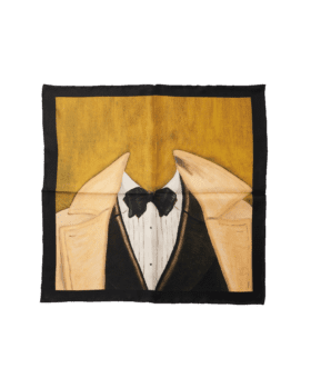 Ochre silk pocket square printed with a dinner jacket, bow tie and stud front shirt