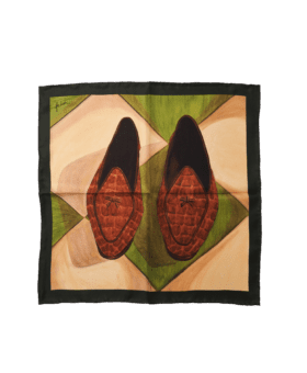 Silk pocket square printed with a pair of crocodile velvet slippers on green and cream