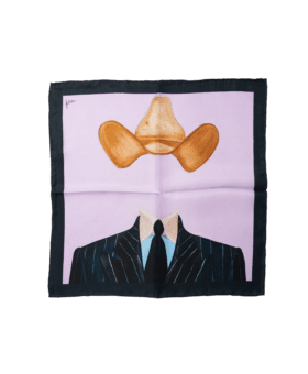 Lilac silk pocket square printed with a tan hat above a pinstripe suit and tie