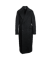 Black double-breasted wool top coat with peak lapels and flap pockets, on a form