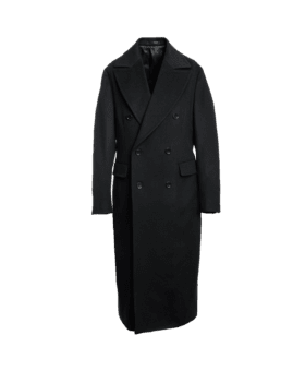 Black double-breasted wool top coat with peak lapels and flap pockets, on a form