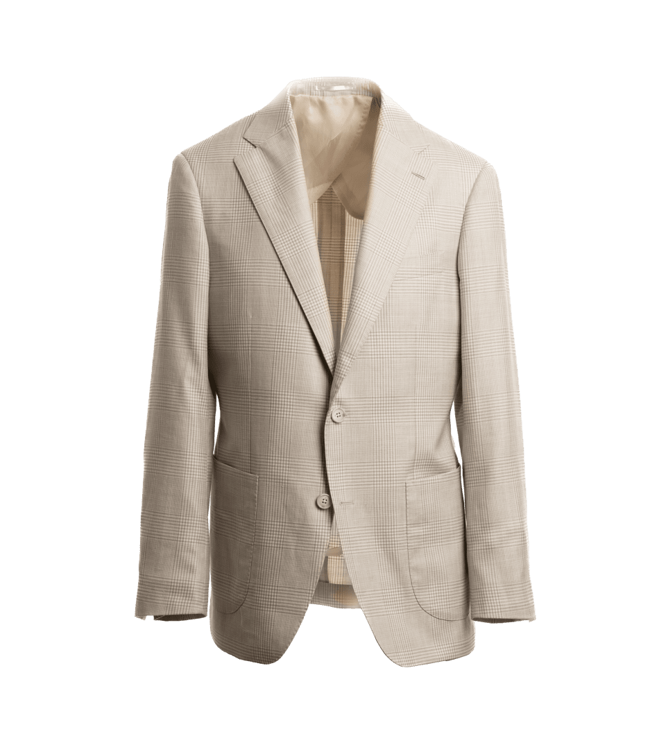 Alabaster glen plaid sport coat with patch pockets and a cream lining, on an invisible form