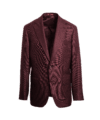 Aubergine bamboo sport coat with notch lapels and a burgundy lining, on an invisible form