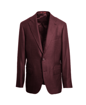 Aubergine bamboo sport coat with notch lapels and a burgundy lining, on an invisible form