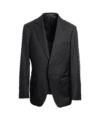 Charcoal grey herringbone suit jacket with notch lapels and flap pockets, on a form