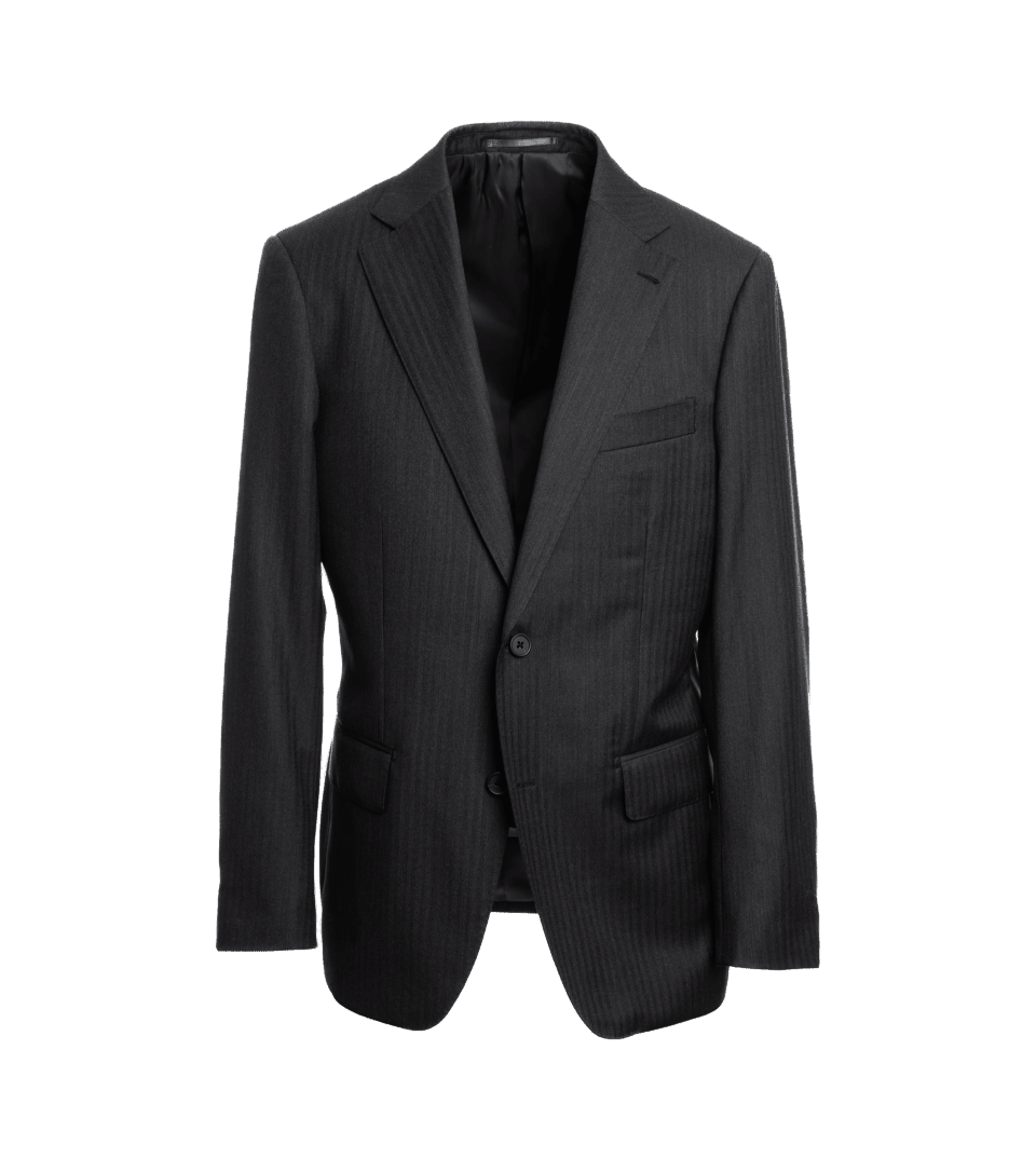 Charcoal grey herringbone suit jacket with notch lapels and flap pockets, on a form