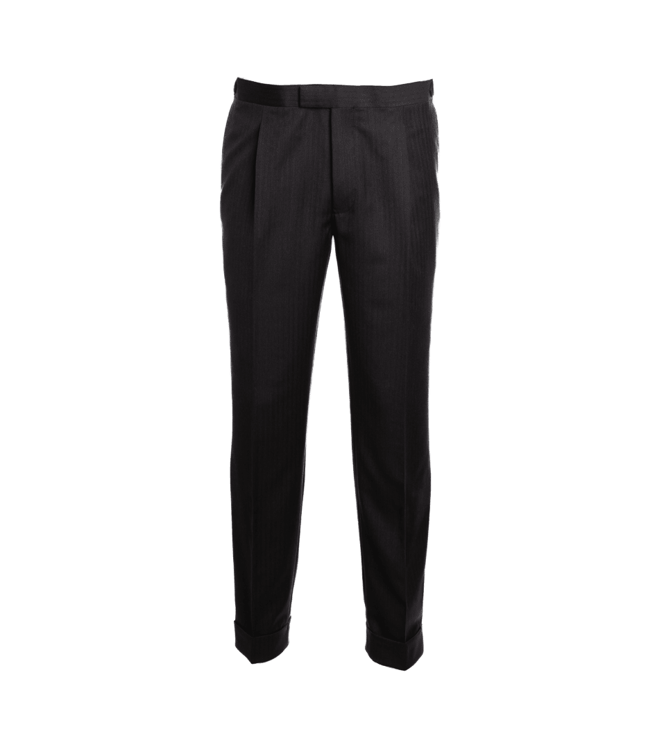 Charcoal grey herringbone suit trousers with pleats and turn-ups, front product view