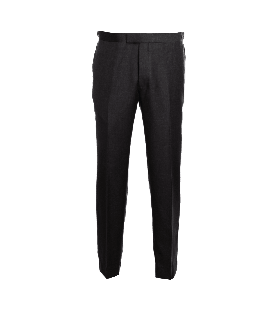 Charcoal grey sharkskin suit trousers with side tabs and a flat front, front view