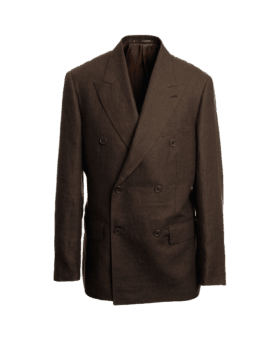 Dark brown linen double-breasted suit jacket with peak lapels, on an invisible form