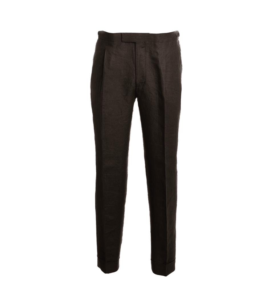 Dark brown linen suit trousers with pleats, side tabs and turn-ups, front product view