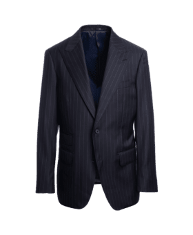 Dark navy pinstripe suit jacket with peak lapels and a ticket pocket, on an invisible form