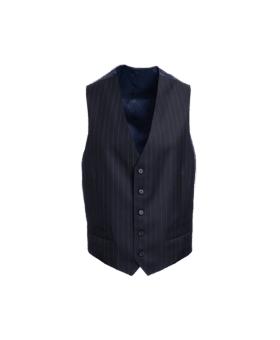 Dark navy pinstripe suit waistcoat with five buttons and welt pockets, front view