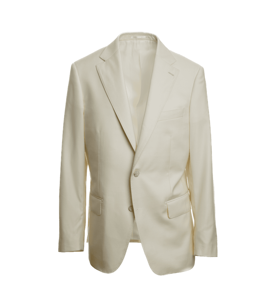 Ivory twill suit jacket with notch lapels and flap pockets, on an invisible form