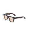 Black acetate sunglasses with tortoiseshell inner rims and pale rose lenses, angled view