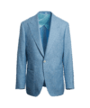 Light blue plain twill sport coat with peak lapels and a turquoise lining, on a form