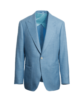 Light blue plain twill sport coat with peak lapels and a turquoise lining, on a form