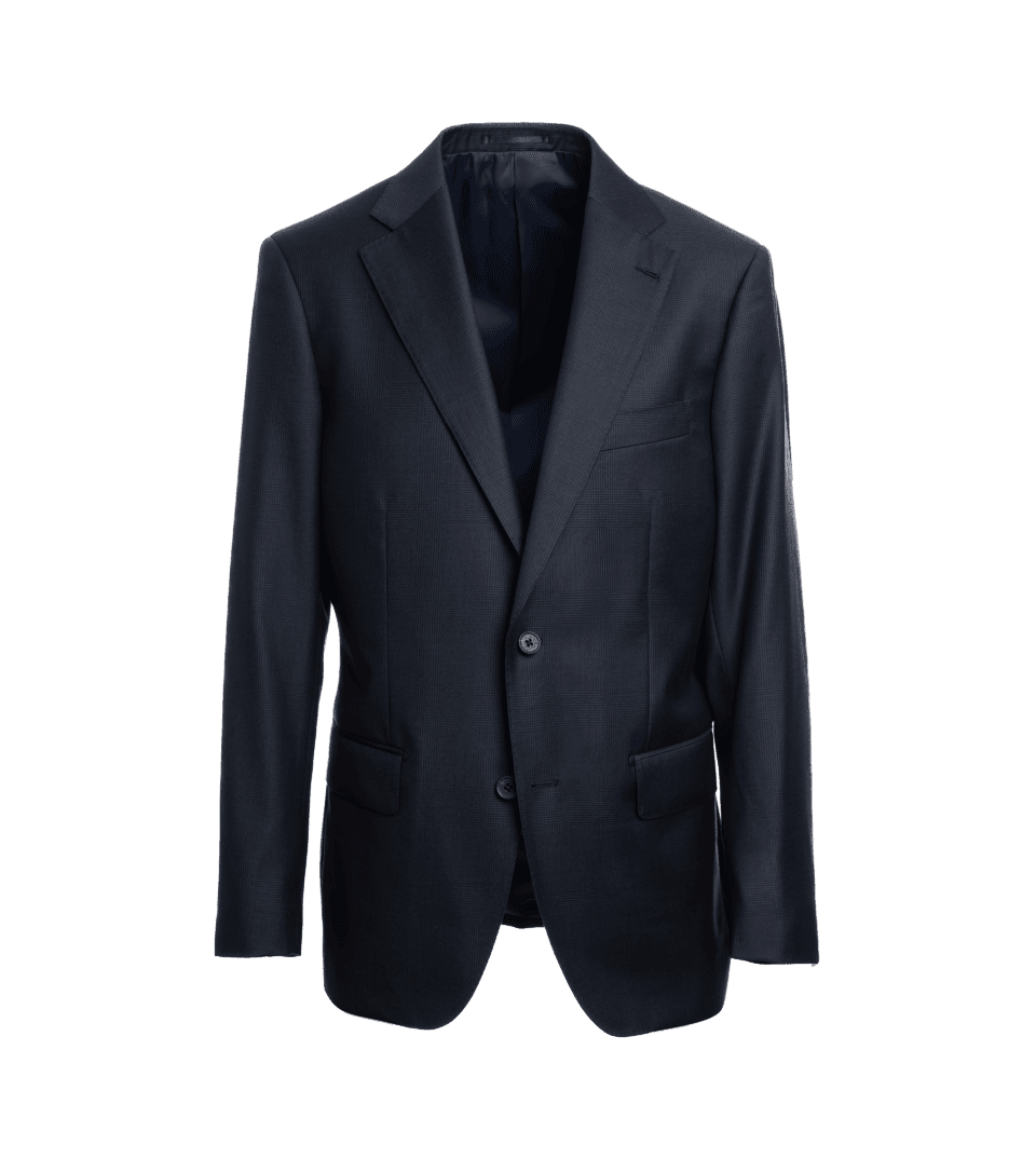 Navy subtle plaid suit jacket with notch lapels and flap pockets, on an invisible form