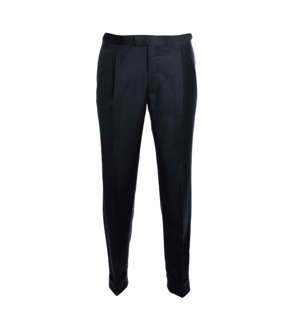 Navy subtle plaid suit trousers with pleats, side tabs and turn-ups, front product view