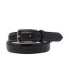 Black leather dress belt with a polished silver buckle, coiled flat lay