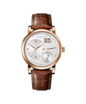 Rose gold dress watch with an off-centre dial, big date and brown alligator strap
