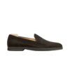 Dark brown suede loafer with a soft unlined upper and rubber sole, side product view