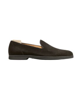 Dark brown suede loafer with a soft unlined upper and rubber sole, side product view