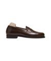 Dark brown calf leather penny loafer with a leather sole, side product view