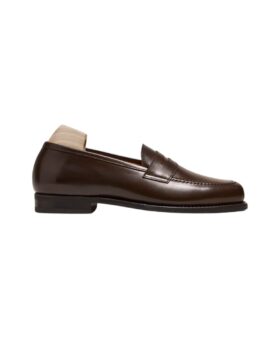Dark brown calf leather penny loafer with a leather sole, side product view