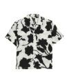 Black and white floral print camp collar shirt with short sleeves, flat lay