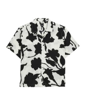 Black and white floral print camp collar shirt with short sleeves, flat lay