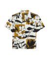 Black, white and gold botanical print camp collar shirt with short sleeves, flat lay