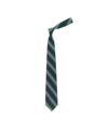Green silk tie with white triple stripes, knotted and shown hanging