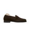 Dark brown suede penny loafer with a leather sole and shoe tree, side product view