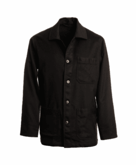 Black cashmere chore coat with a point collar and three patch pockets, front view