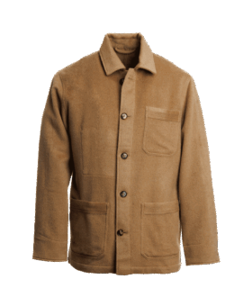 Camel hair chore coat with a point collar and three patch pockets, front view