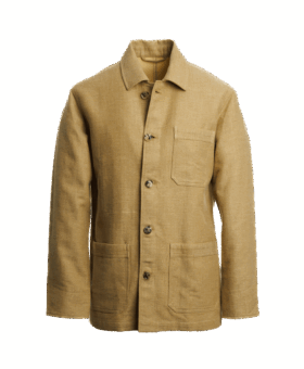 Dusty yellow wool chore coat with a point collar and three patch pockets, front view