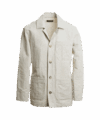 Natural cotton linen chore coat with a point collar and horn buttons, front view