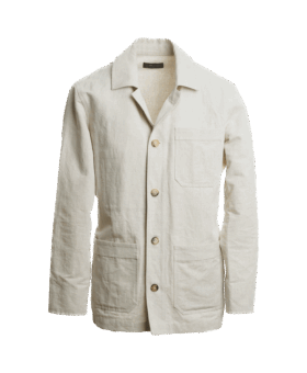 Natural cotton linen chore coat with a point collar and horn buttons, front view