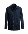 Navy blue twill chore coat with a point collar and three patch pockets, front view
