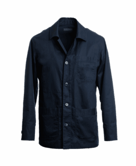 Navy blue twill chore coat with a point collar and three patch pockets, front view