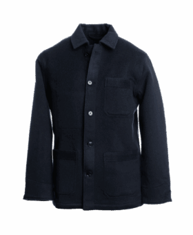 Navy wool cashmere chore coat with a point collar and three patch pockets, front view