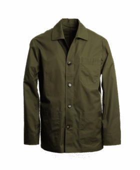 Olive green twill chore coat with a point collar and three patch pockets, front view