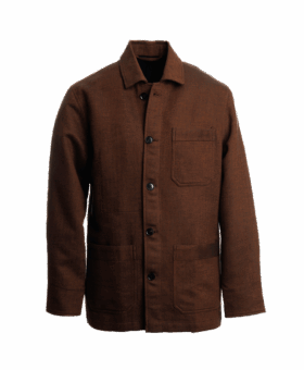 Rust herringbone wool chore coat with a point collar and three patch pockets, front view