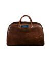 Brown leather weekender bag with a passport slip pocket and brass hardware, front view