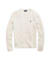 Cream cable-knit cotton crewneck sweater with ribbed cuffs and hem, flat lay