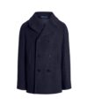 Navy wool blend melton peacoat with double-breasted anchor buttons, flat lay