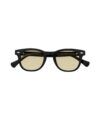 Black acetate eyeglasses with rounded lenses and a pale yellow tint, front product view